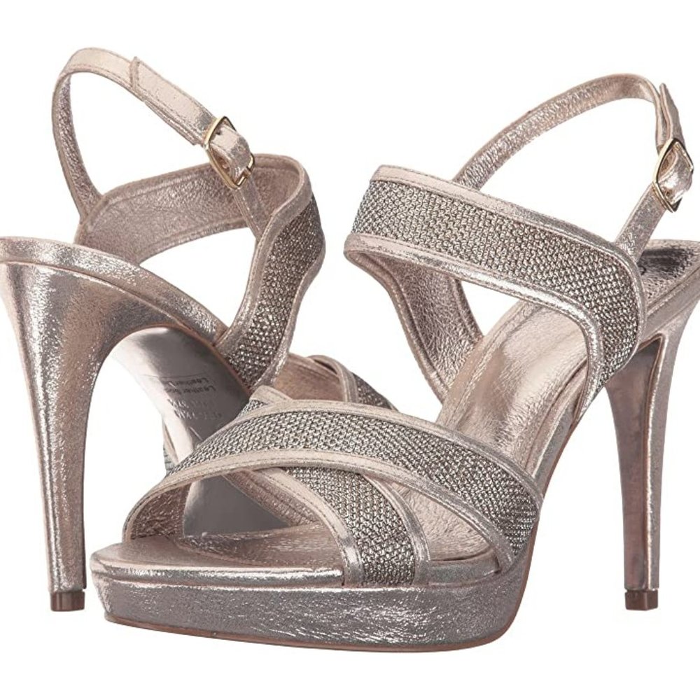 NIB Adrianna Papell Ansel Gold Platinum Jimmy Net Crisscross Slingback Heels 💙
